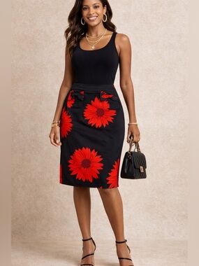 Grace Black Pencil Skirt with Red Floral Print. Various sizes